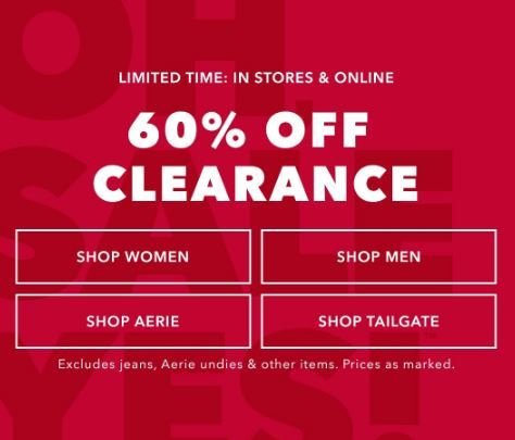 60% off clearance online and in-store at AE Outfitters & Aerie ...