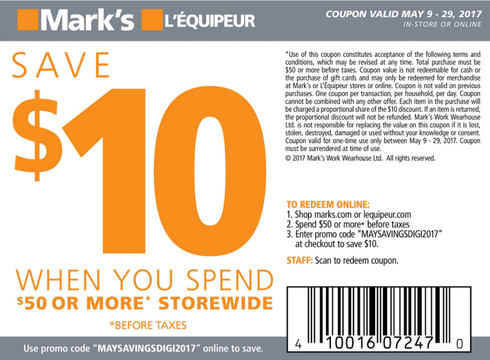 $10 off when you spend $50 in-store and online at Mark's | Indianapolis ...